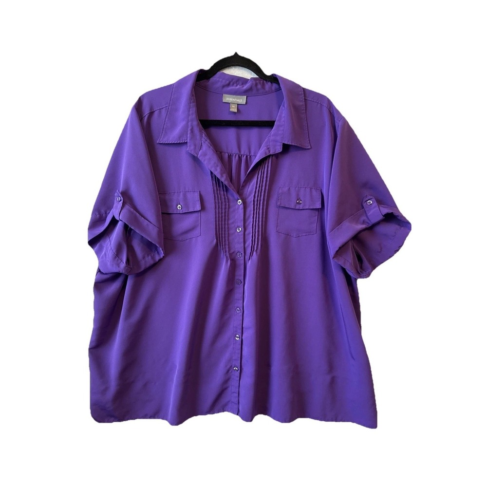 Essentials Purple Pleated Pocket Short Roll Tab Sleeve Button Up Blouse 3X Chic